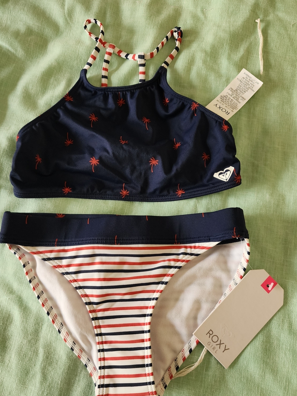 Roxy Girls Navy Palm Print Bikini Set with Striped Bottom